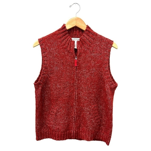 Orvis Deep Red Chunky Knit Sleeveless Full Zip Up Sweater Vest Size Medium‎ - Picture 1 of 4